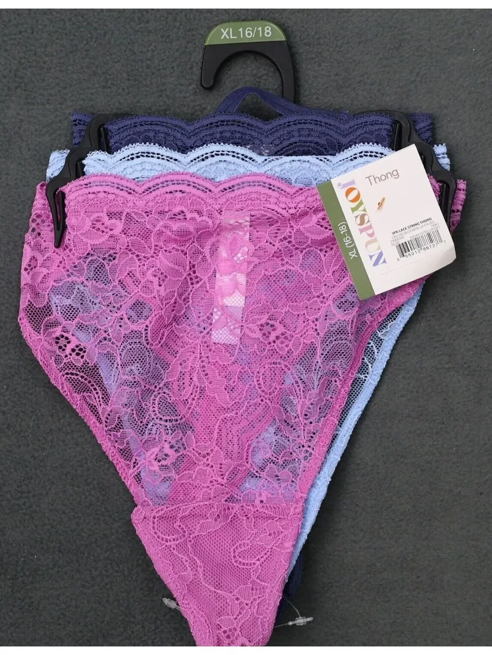 Joyspun 3-Pack Womens Lace String Thong Panties XL 16/18 Orchid Blue Dark Iris